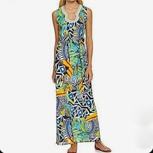 BADGLEY MISCHKA Calypso Beaded Colorful Geometric Maxi Dress 100% Cotton